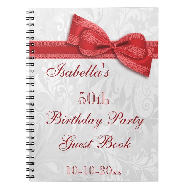 50th Birthday Party Damask and Bow Notebook (Front)