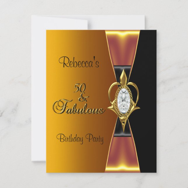 50th Birthday Party Diamond Jewel Gold Black Bow Invitation (Front)
