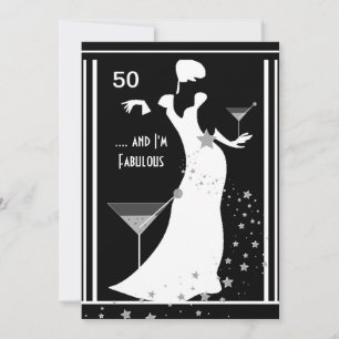 50th Birthday Party Diva Art deco Black White Invitation