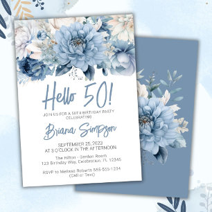 50th Birthday Party Dusty Blue Floral Invitation