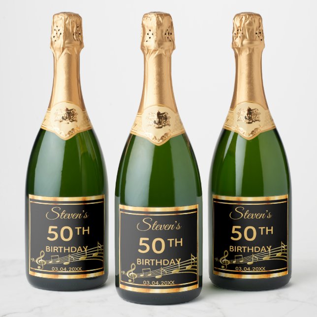 50th birthday party elegant black and gold music sparkling wine label (Bottles)
