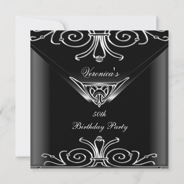 50th Birthday Party Elegant Black Silver Art Deco Invitation (Front)