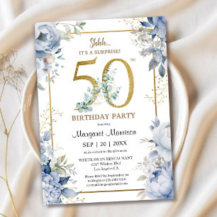 50th Birthday Party Elegant Dusty Blue Floral Invitation