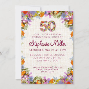 50th Birthday Party – Elegant Floral Linen Design Invitation