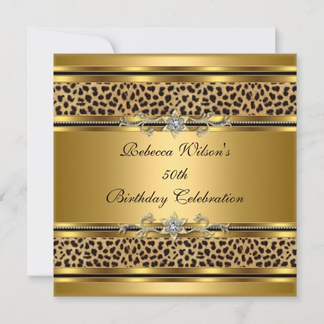 50th Birthday Party Elegant Gold Black Leopard 3 Invitation (Front)