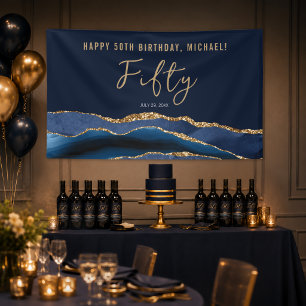 50th Birthday Party Elegant Navy Blue Gold Agate Banner