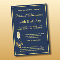 50th Birthday Party Elegant Navy Gold Invitation