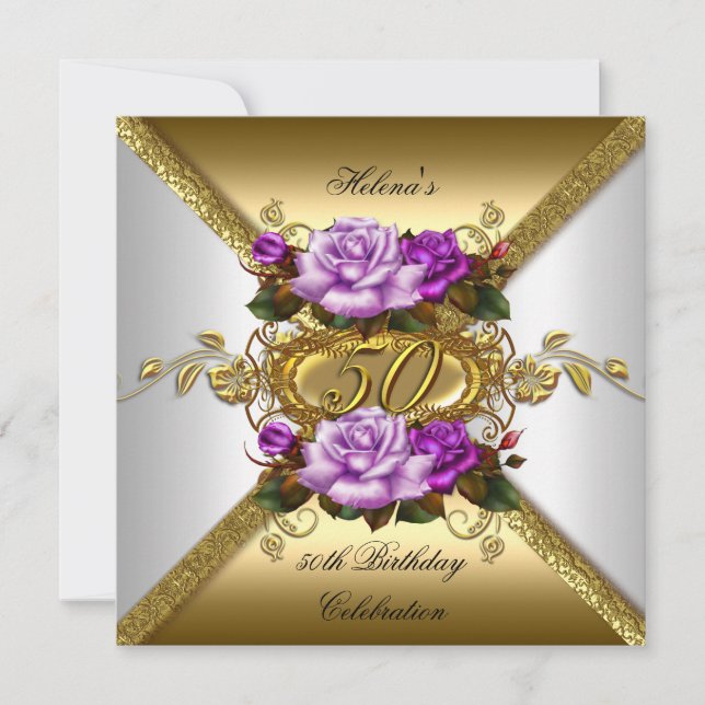 50th Birthday Party Elegant Roses Purple Gold Invitation (Front)