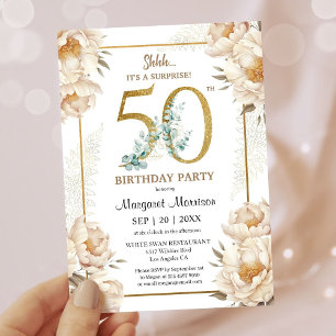 50th Birthday Party Elegant White Peony Floral Invitation