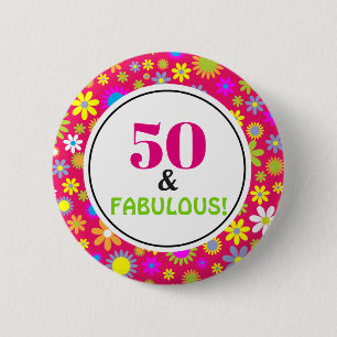 50th Birthday Party Fabulous Pink Vintage Floral 2 Inch Round Button