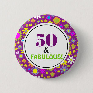 50th Birthday Party Fabulous Purple Vintage Floral 2 Inch Round Button
