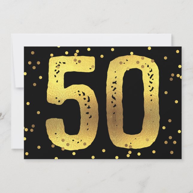 50th Birthday Party Faux Gold Foil Confetti Black Invitation (Front)
