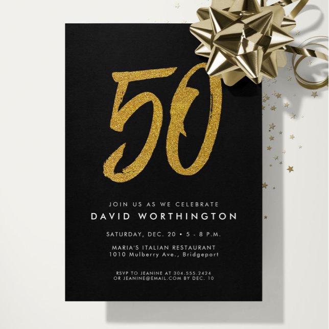 50th birthday party faux gold glitter black invitation (Creator Uploaded)