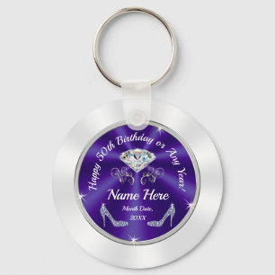 50th Birthday Party Favors, Purple, Silver, White Keychain