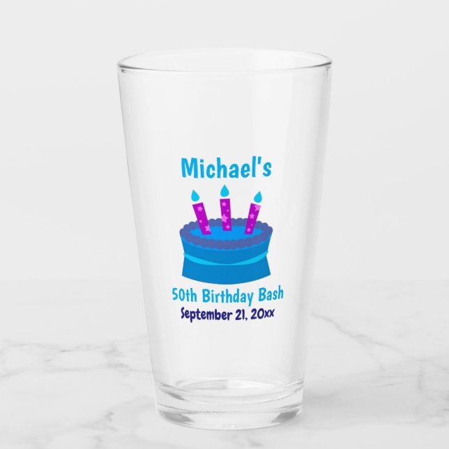 50th Birthday Party Favour Blue Cake Beer Pint Glass (Front)
