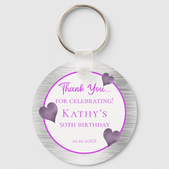 50th Birthday Party Favour Purple and Silver Keychain (Front)