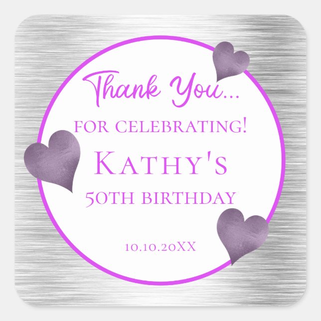 50th Birthday Party Favour Purple and Silver  Square Sticker (Front)