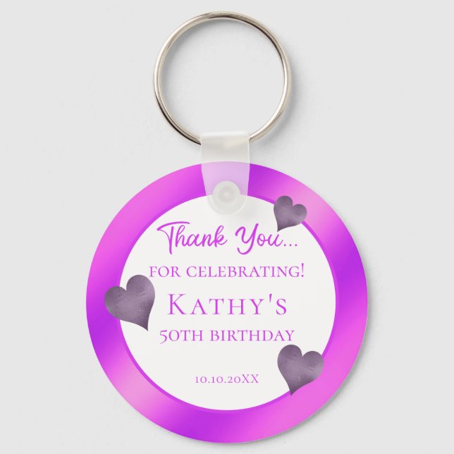 50th Birthday Party Favour Purple Hearts   Keychain (Front)