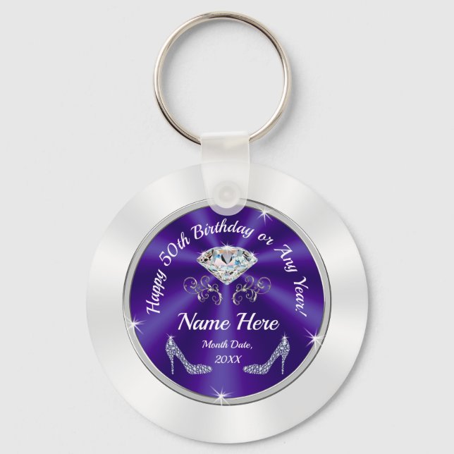 50th Birthday Party Favours, Purple, Silver, White Keychain (Front)