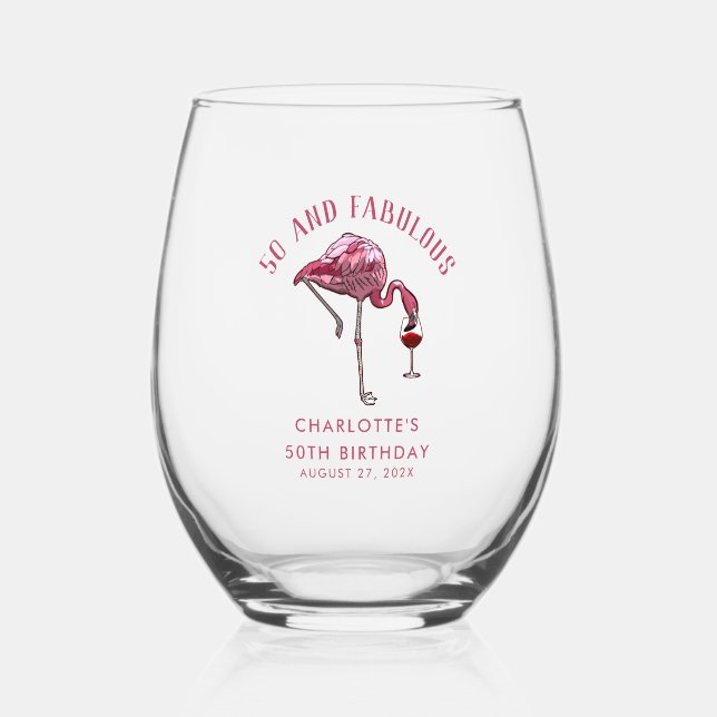 50th Birthday Party Flamingo Novelty Custom Stemless Wine Glass (Front)