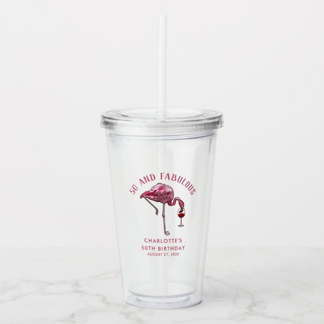 50th Birthday Party Flamingo Tropical Theme Custom Acrylic Tumbler (Front)