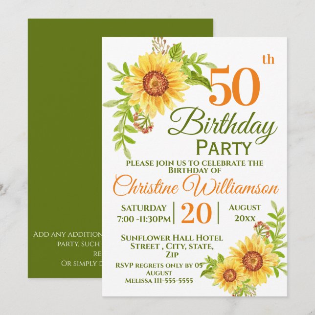 50th Birthday Party Floral Sunflower Invitation (Front/Back)