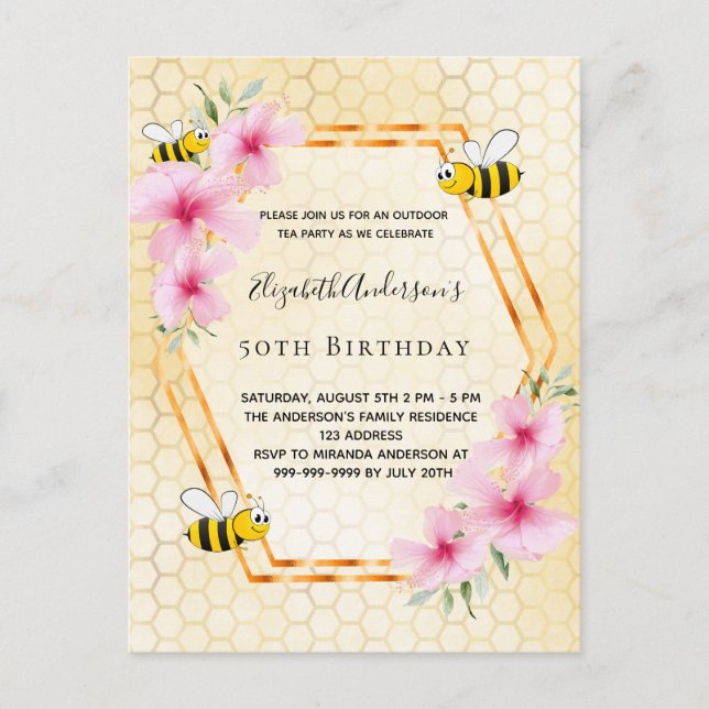 50th birthday party florals tea party invitation postcard (Front)