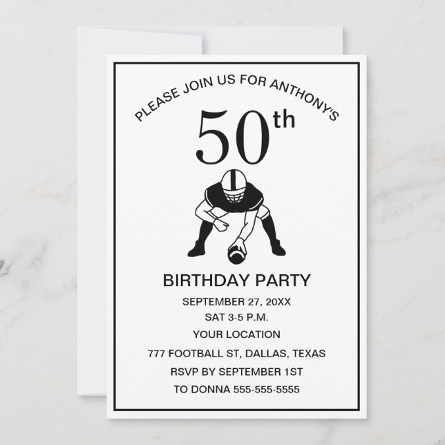 50th Birthday Party Football Black Dad Sport Invitation (Front)