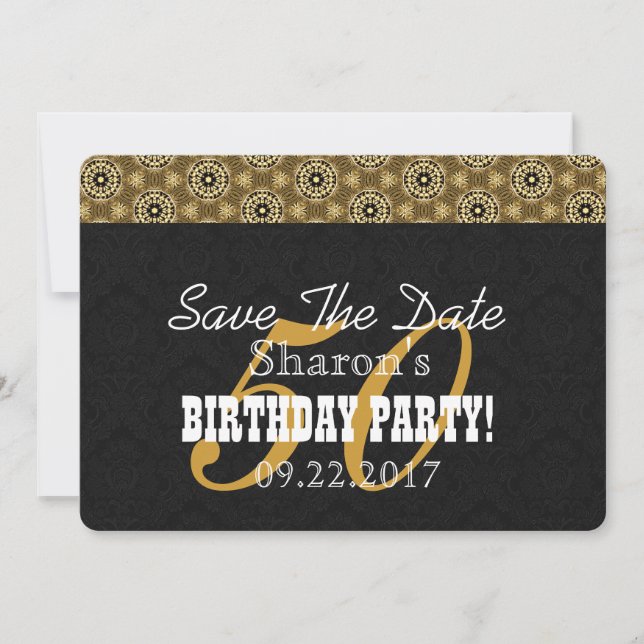 50th BIRTHDAY PARTY For Her Black and Gold H04BZ Save The Date (Front)