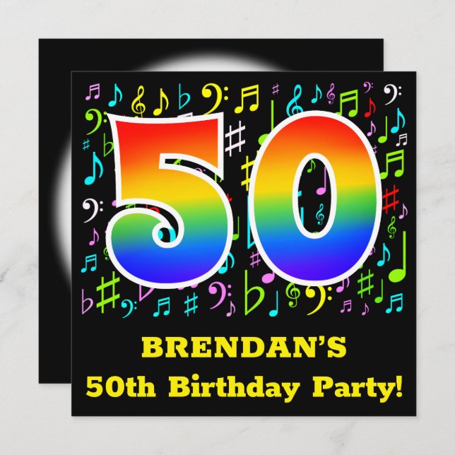 50th Birthday Party: Fun Music Symbols, Rainbow 50 Invitation (Front/Back)