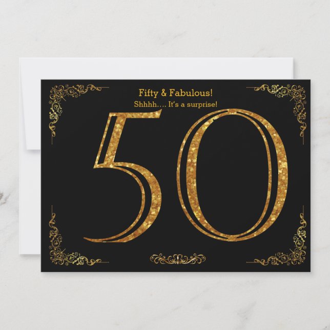 50th Birthday party,Gatsby styl,black gold glitter Invitation (Front)