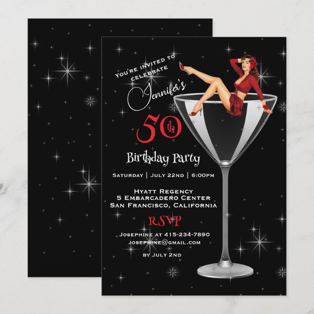 50th Birthday Party Girl In Martini Glass  Invitation (Front/Back)