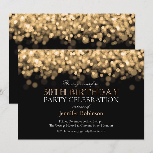 50th Birthday Party Glam Gold Lights Invitation (Front/Back)