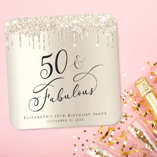 50th Birthday Party Glitter Gold Square Paper Coaster