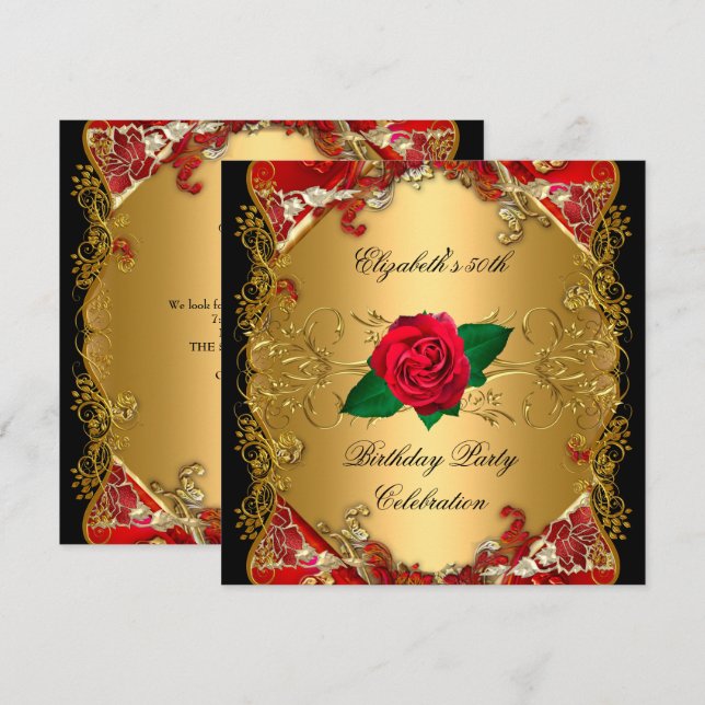 50th Birthday Party Gold Black Red Roses Invitation (Front/Back)