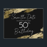 50th Birthday Party Gold Black Save the Date Postcard<br><div class="desc">Elegant Faux gold foil paint splatters design. All text is adjustable and easy to change for your own party needs. Great elegant 50th birthday template design. Save the Date</div>