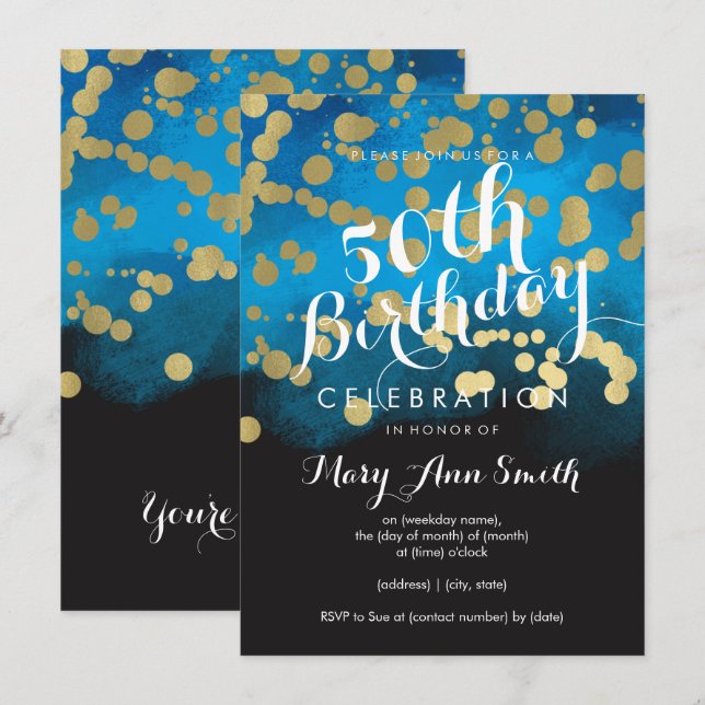50th Birthday Party Gold Glitter Blue Watercolor Invitation (Front/Back)