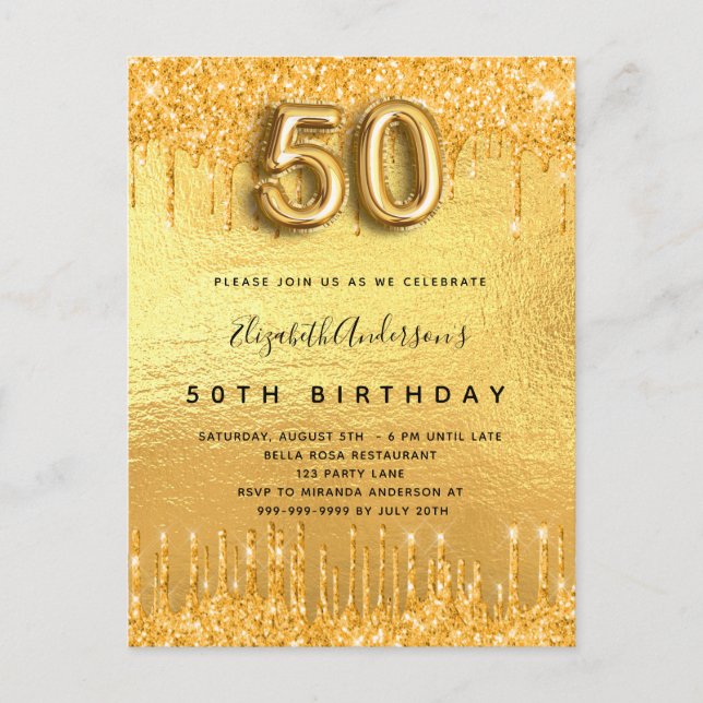 50th birthday party gold glitter drips invitation postcard (Front)
