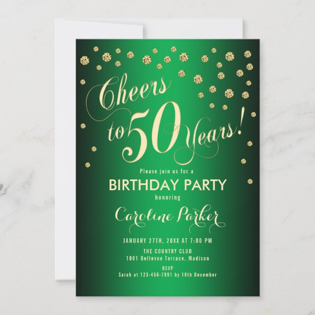 50th Birthday Party - Gold Green Invitation (Front)