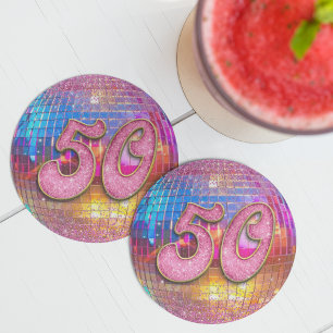 50th Birthday Party Gold Pink Glitter Disco Ball Round Paper Coaster