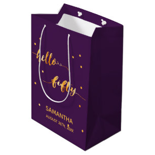 50th birthday party gold purple hello fifty medium gift bag