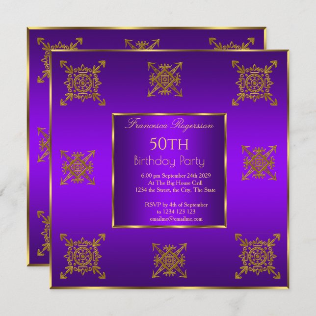 50th Birthday Party Gold Purple Invitation (Front/Back)