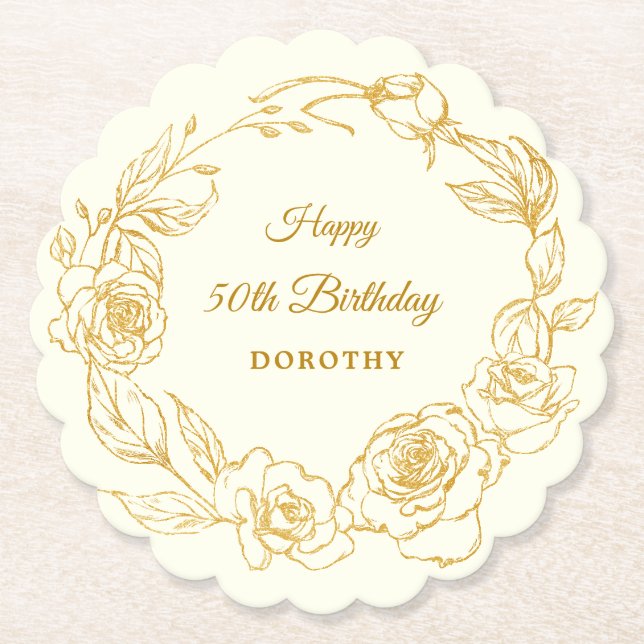 50th Birthday Party Gold Rose Ivory White Paper Coaster (Front)