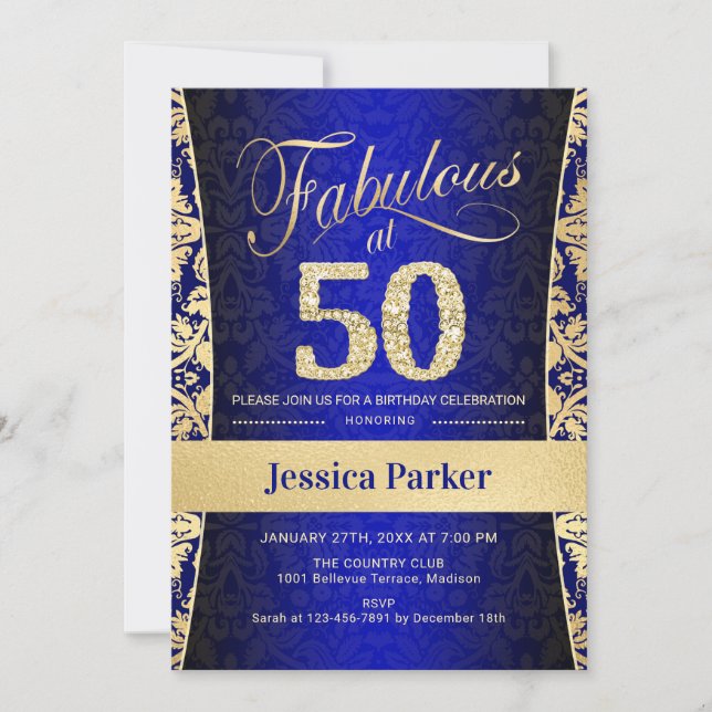50th Birthday Party - Gold Royal Blue Invitation (Front)