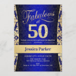 50th Birthday Party - Gold Royal Blue Invitation<br><div class="desc">50th Birthday Party Invitation in royal blue and gold.
Elegant invite card with faux glitter gold and diamonds. Features damask pattern and script font. Fabulous at fifty! Classic design perfect for an stylish party. Please message me if you need a custom age.</div>