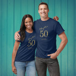50th Birthday Party Gold Script Blue T-Shirt<br><div class="desc">Let your loved one look chic and elegant on their special day with this easily personalized 50th Birthday party gold script blue T-Shirt. Available in a variety of sizes, this sophisticated blue t-shirt features classic gold script. Perfect for any birthday celebration, this custom shirt will make sure the guest of...</div>