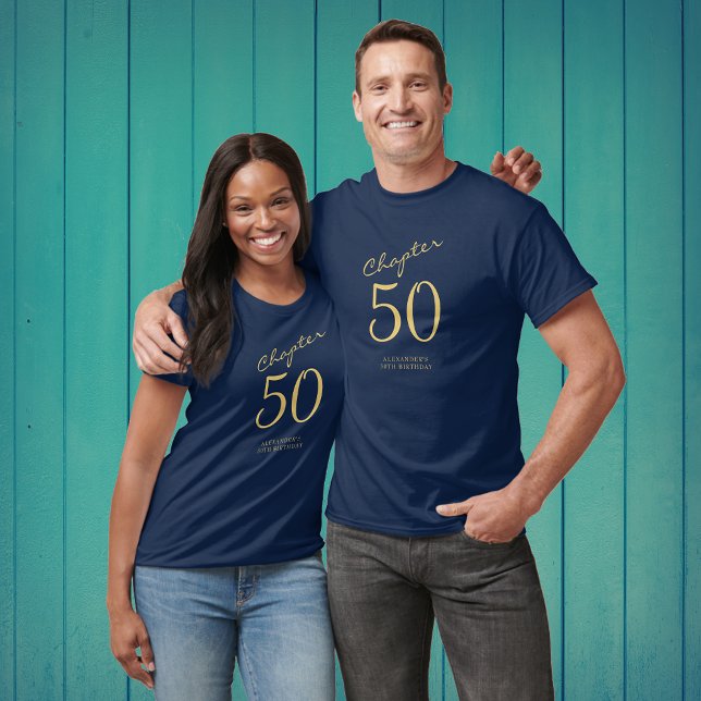 50th Birthday Party Gold Script Blue T-Shirt (Creator Uploaded)