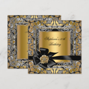 50th Birthday Party Gold Silver Black Bow Invitation