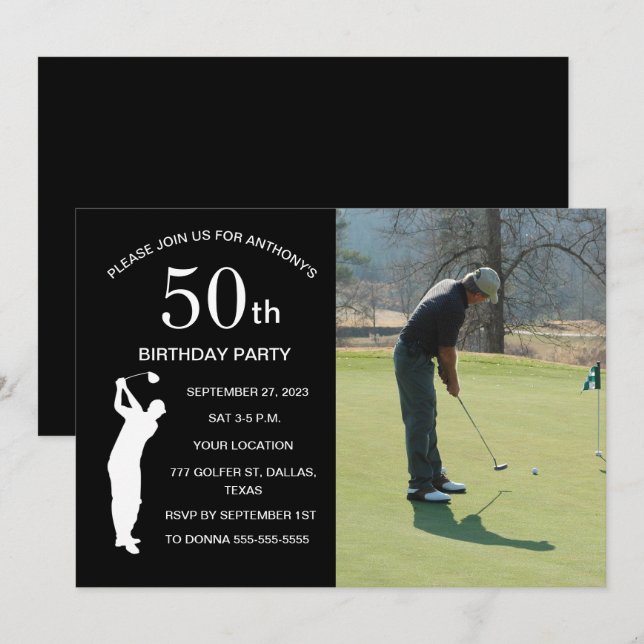 50th Birthday Party Golfer Black Par Golf Photo Invitation (Front/Back)