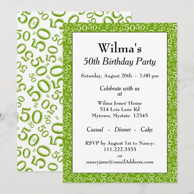 50th Birthday Party Green/White Number Pattern Invitation (Front/Back)